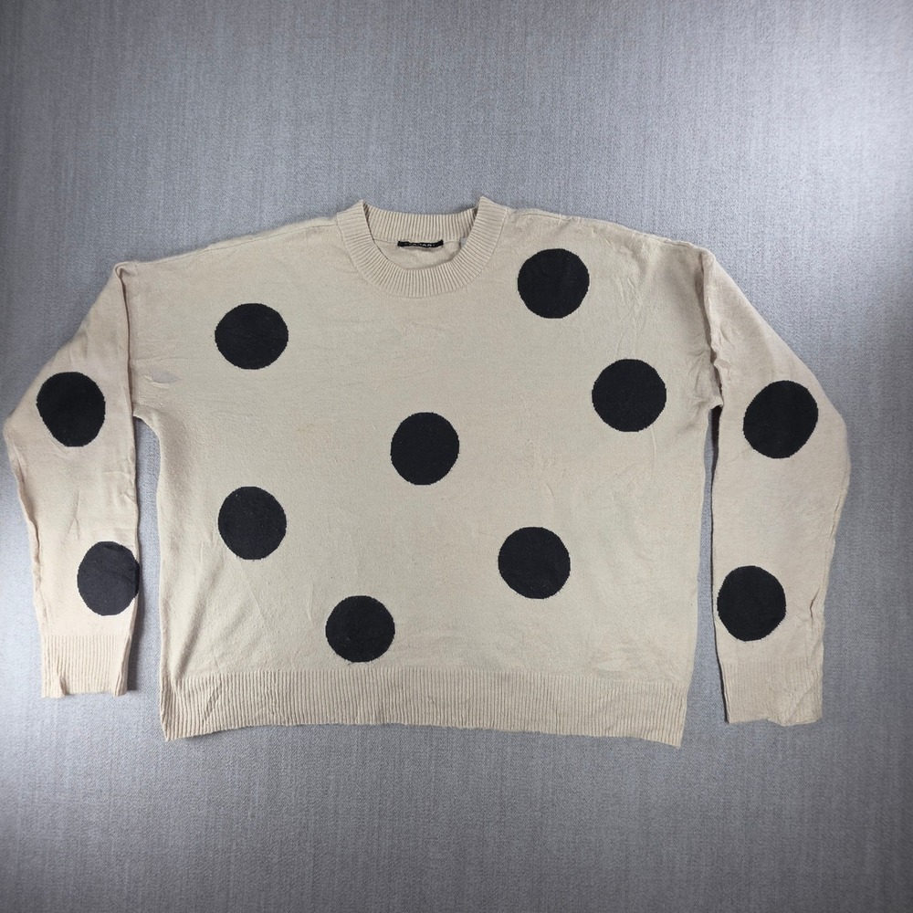 Tahari Polka Dot Sweater Women‎ Size M Beige Black Oversized Crew Neck Knit